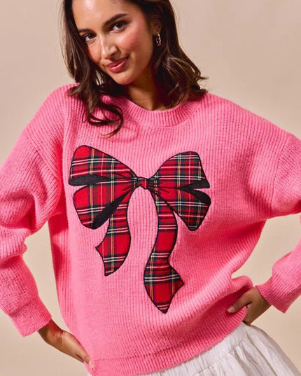 SO ME Checker Plaid Ribbon Christmas Holiday Sweater - Sleekdenim.com