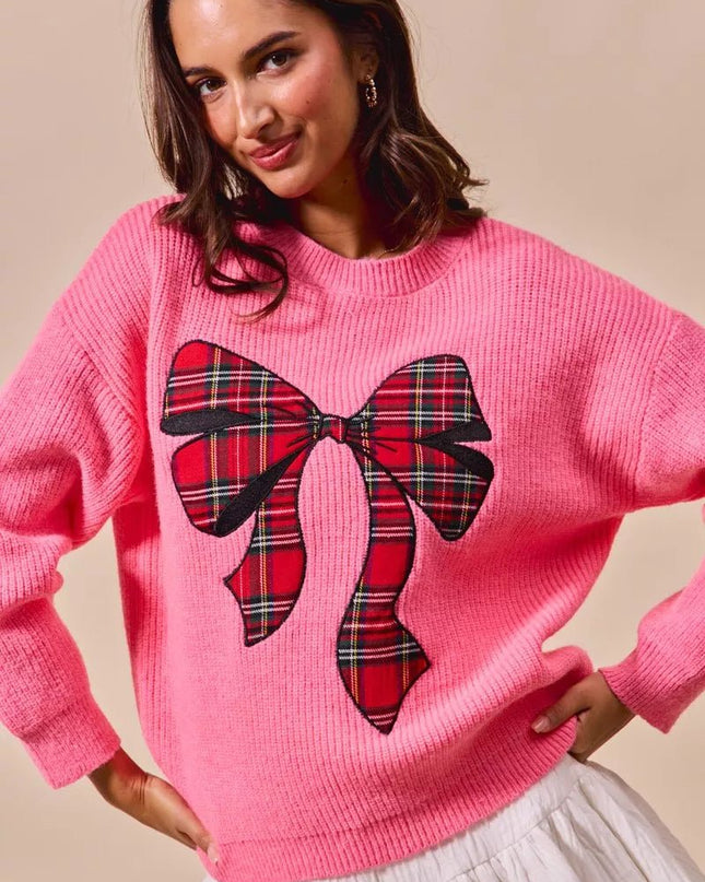 SO ME Checker Plaid Ribbon Christmas Holiday Sweater - Sleekdenim.com