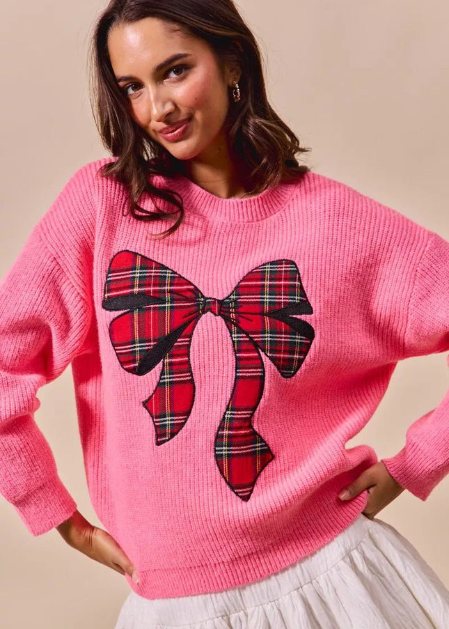 SO ME Checker Plaid Ribbon Christmas Holiday Sweater - Sleekdenim.com