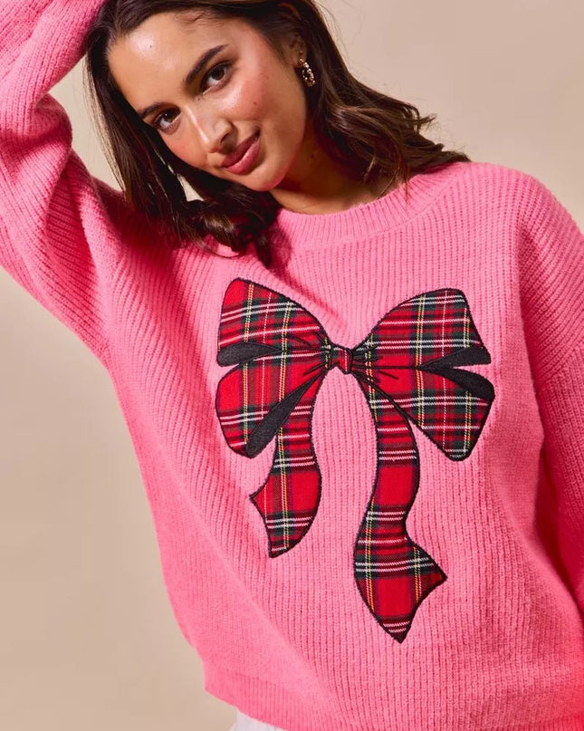 SO ME Checker Plaid Ribbon Christmas Holiday Sweater - Sleekdenim.com