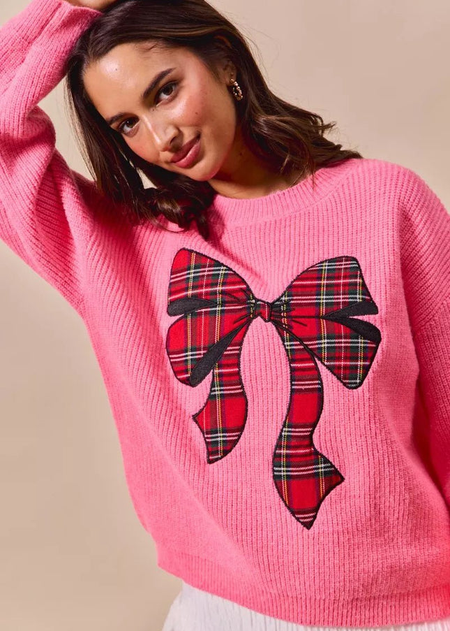 SO ME Checker Plaid Ribbon Christmas Holiday Sweater - Sleekdenim.com