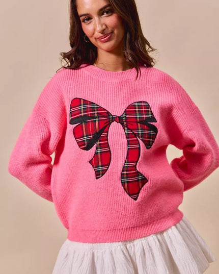 SO ME Checker Plaid Ribbon Christmas Holiday Sweater - Sleekdenim.com