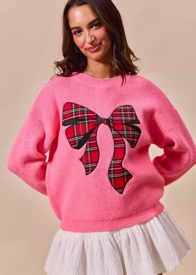 SO ME Checker Plaid Ribbon Christmas Holiday Sweater - Sleekdenim.com