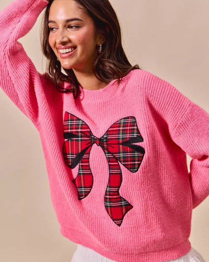 SO ME Checker Plaid Ribbon Christmas Holiday Sweater - Sleekdenim.com