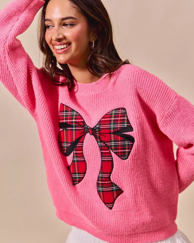 SO ME Checker Plaid Ribbon Christmas Holiday Sweater - Sleekdenim.com