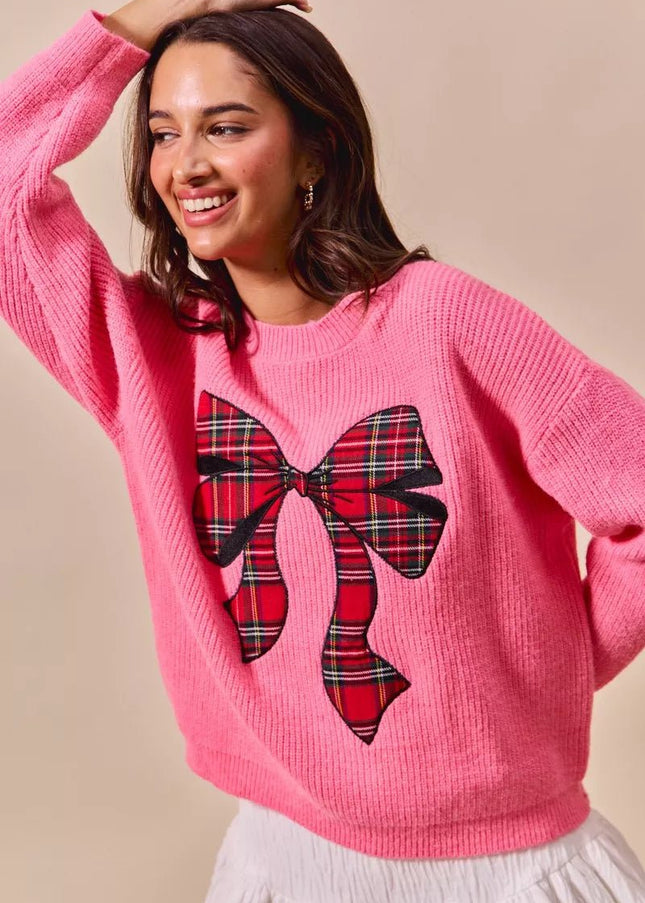 SO ME Checker Plaid Ribbon Christmas Holiday Sweater - Sleekdenim.com