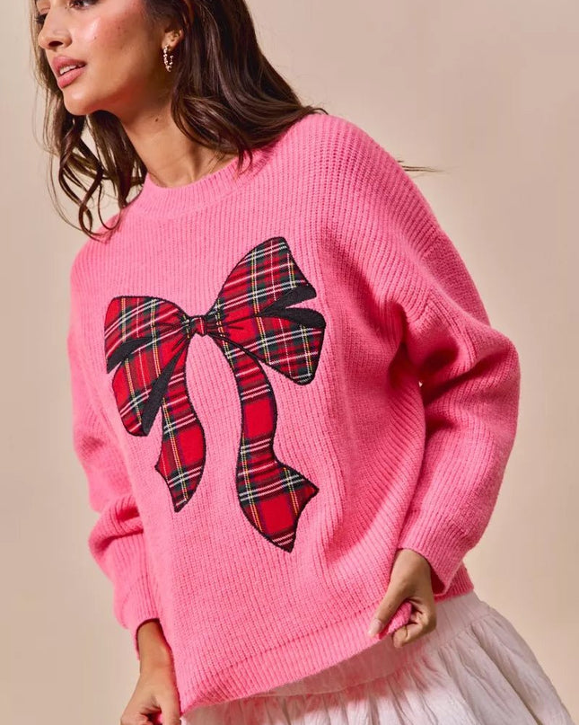 SO ME Checker Plaid Ribbon Christmas Holiday Sweater - Sleekdenim.com