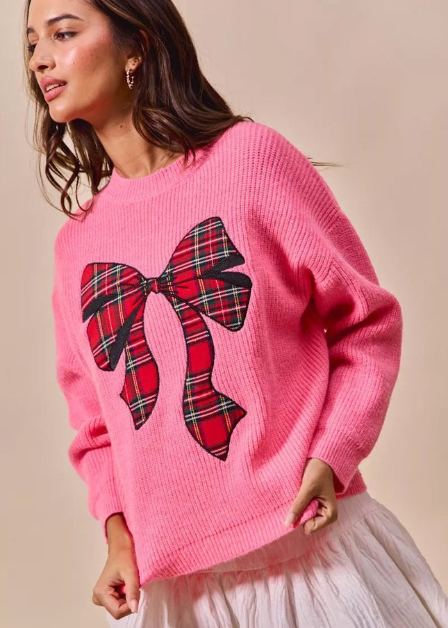 SO ME Checker Plaid Ribbon Christmas Holiday Sweater - Sleekdenim.com