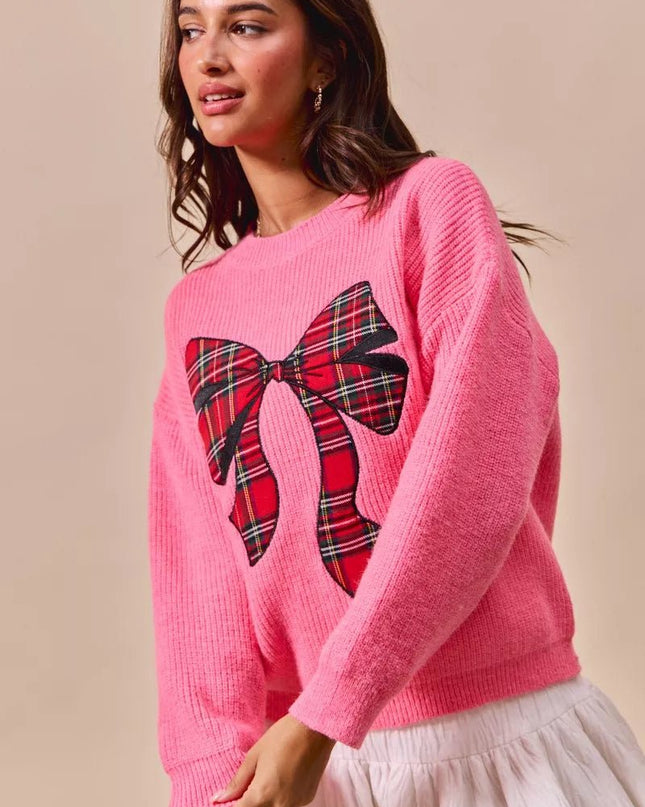 SO ME Checker Plaid Ribbon Christmas Holiday Sweater - Sleekdenim.com