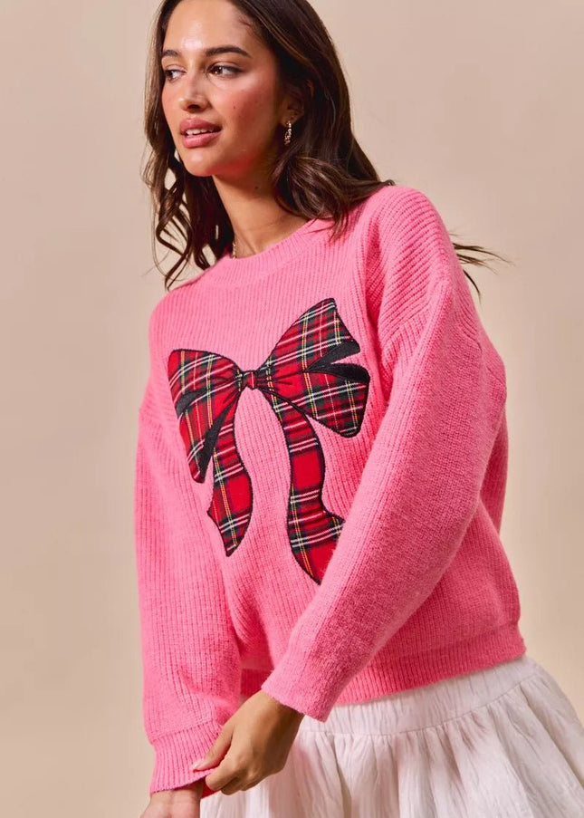 SO ME Checker Plaid Ribbon Christmas Holiday Sweater - Sleekdenim.com