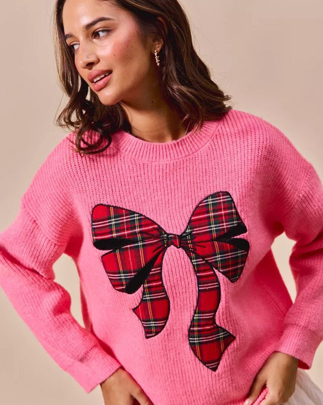 SO ME Checker Plaid Ribbon Christmas Holiday Sweater - Sleekdenim.com