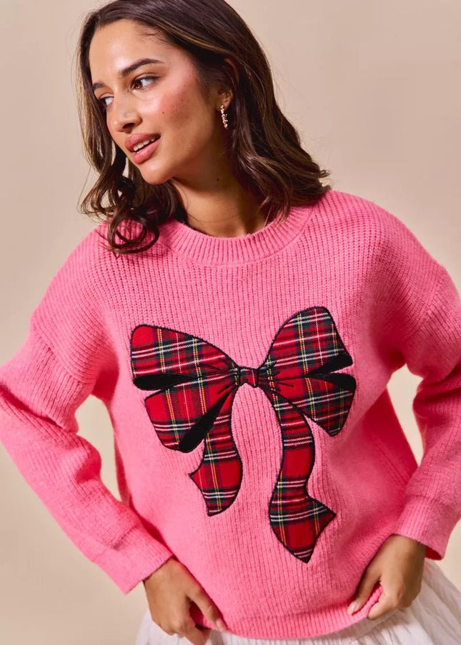 SO ME Checker Plaid Ribbon Christmas Holiday Sweater - Sleekdenim.com
