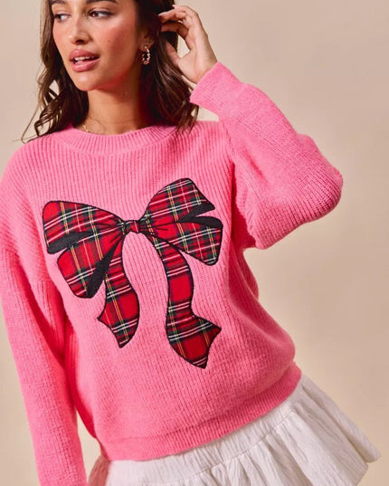 SO ME Checker Plaid Ribbon Christmas Holiday Sweater - Sleekdenim.com