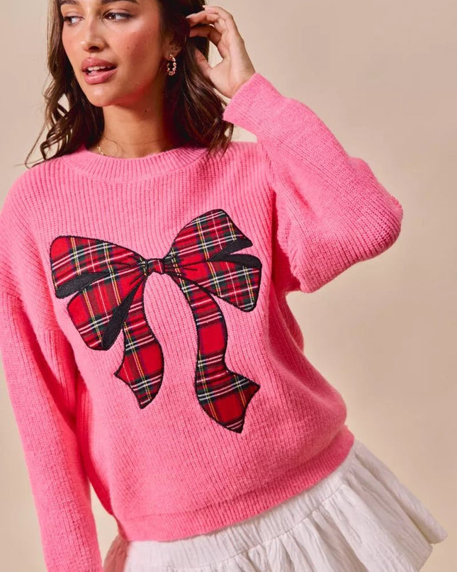 SO ME Checker Plaid Ribbon Christmas Holiday Sweater - Sleekdenim.com