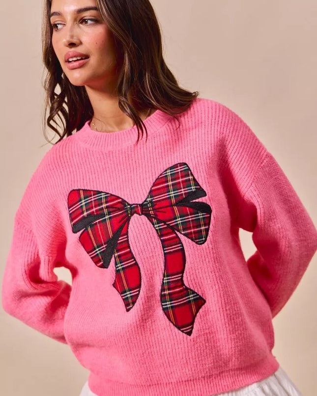 SO ME Checker Plaid Ribbon Christmas Holiday Sweater - Sleekdenim.com