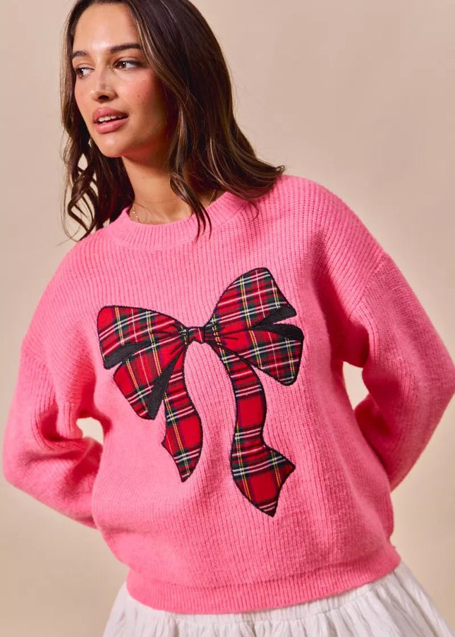SO ME Checker Plaid Ribbon Christmas Holiday Sweater - Sleekdenim.com