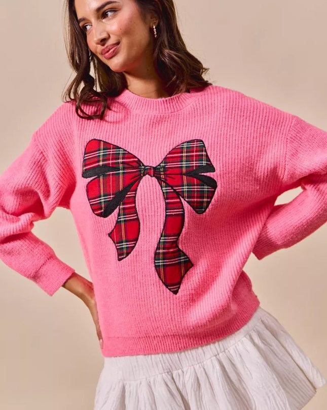 SO ME Checker Plaid Ribbon Christmas Holiday Sweater - Sleekdenim.com