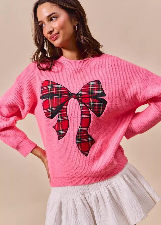 SO ME Checker Plaid Ribbon Christmas Holiday Sweater - Sleekdenim.com