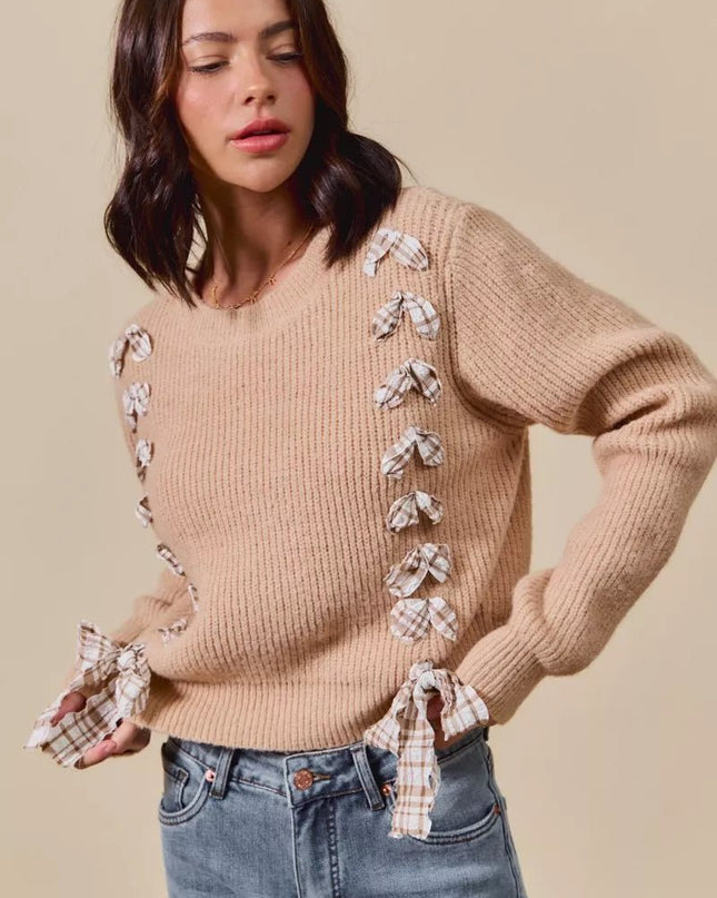 SO ME Checkered Plaid Tape Lace Up Ribbed Sweater - Sleekdenim.com