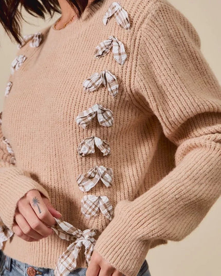 SO ME Checkered Plaid Tape Lace Up Ribbed Sweater - Sleekdenim.com