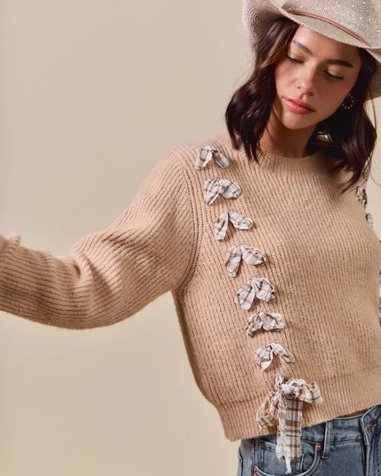 SO ME Checkered Plaid Tape Lace Up Ribbed Sweater - Sleekdenim.com