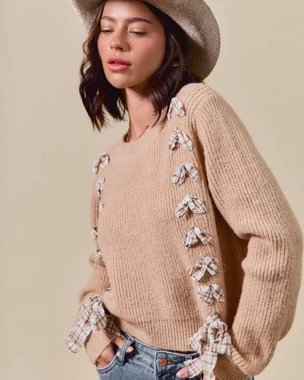 SO ME Checkered Plaid Tape Lace Up Ribbed Sweater - Sleekdenim.com