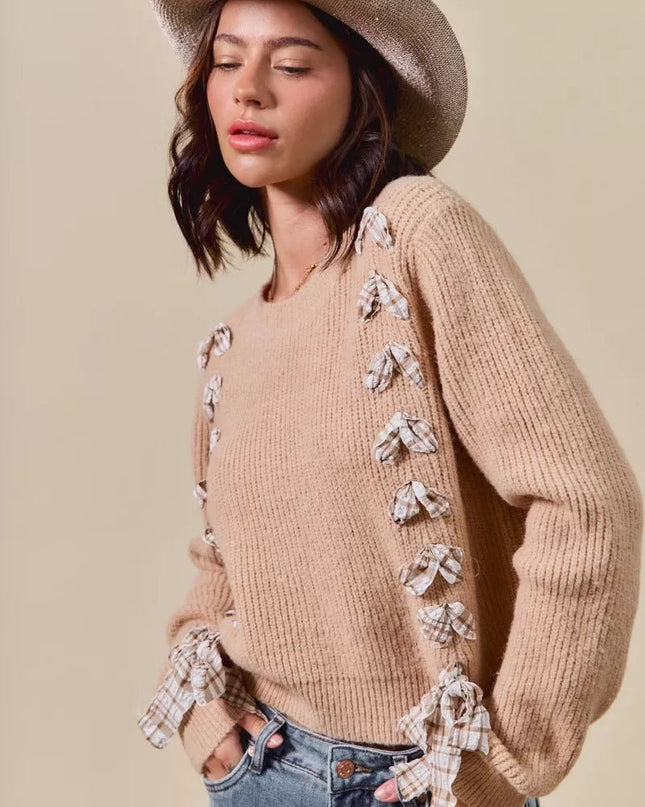 SO ME Checkered Plaid Tape Lace Up Ribbed Sweater - Sleekdenim.com