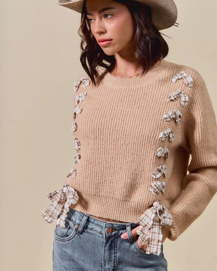 SO ME Checkered Plaid Tape Lace Up Ribbed Sweater - Sleekdenim.com