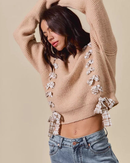 SO ME Checkered Plaid Tape Lace Up Ribbed Sweater - Sleekdenim.com