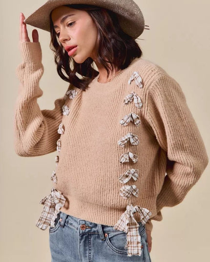 SO ME Checkered Plaid Tape Lace Up Ribbed Sweater - Sleekdenim.com