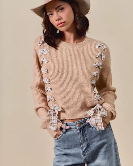 SO ME Checkered Plaid Tape Lace Up Ribbed Sweater - Sleekdenim.com