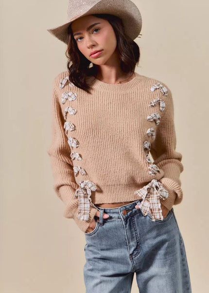 SO ME Checkered Plaid Tape Lace Up Ribbed Sweater - Sleekdenim.com