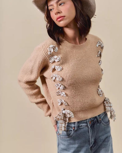 SO ME Checkered Plaid Tape Lace Up Ribbed Sweater - Sleekdenim.com