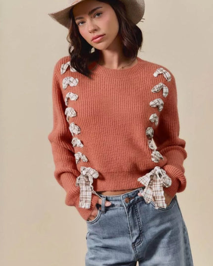 SO ME Checkered Plaid Tape Lace Up Ribbed Sweater - Sleekdenim.com