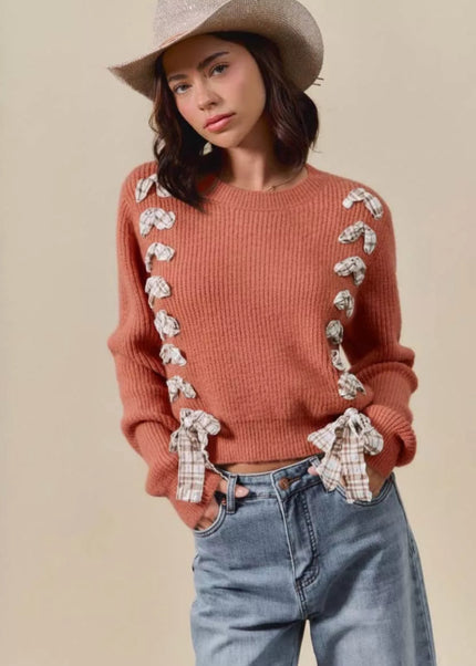 SO ME Checkered Plaid Tape Lace Up Ribbed Sweater - Sleekdenim.com