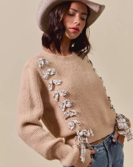 SO ME Checkered Plaid Tape Lace Up Ribbed Sweater - Sleekdenim.com