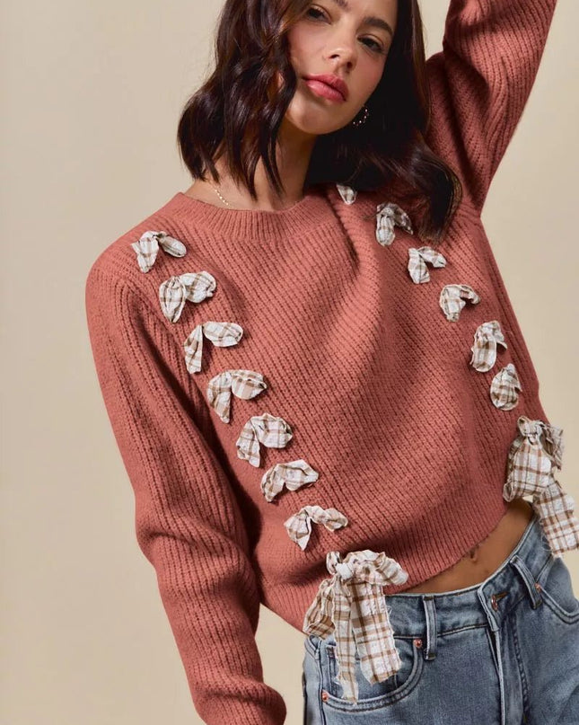 SO ME Checkered Plaid Tape Lace Up Ribbed Sweater - Sleekdenim.com