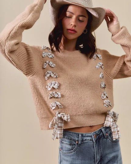 SO ME Checkered Plaid Tape Lace Up Ribbed Sweater - Sleekdenim.com