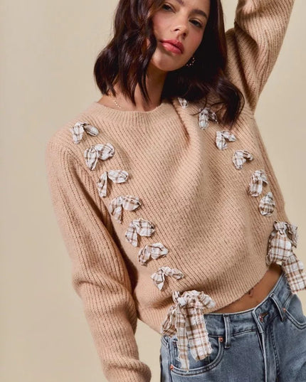 SO ME Checkered Plaid Tape Lace Up Ribbed Sweater - Sleekdenim.com