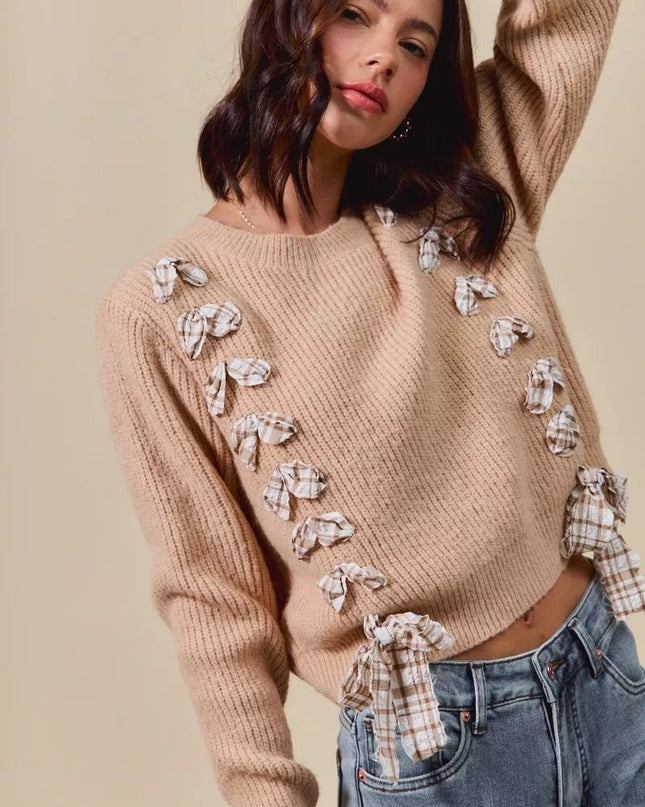 SO ME Checkered Plaid Tape Lace Up Ribbed Sweater - Sleekdenim.com