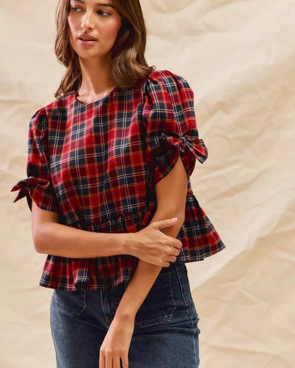 SO ME Christmas Holiday Plaid Ribbon Short Sleeves Top - Sleekdenim.com