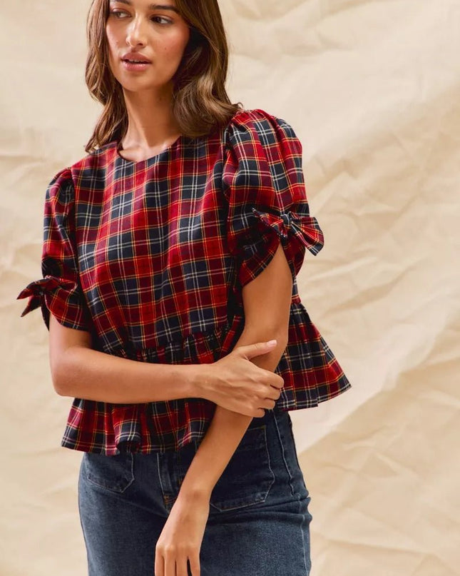 SO ME Christmas Holiday Plaid Ribbon Short Sleeves Top - Sleekdenim.com