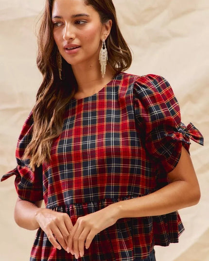 SO ME Christmas Holiday Plaid Ribbon Short Sleeves Top - Sleekdenim.com