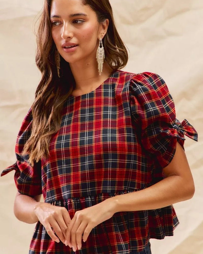 SO ME Christmas Holiday Plaid Ribbon Short Sleeves Top - Sleekdenim.com