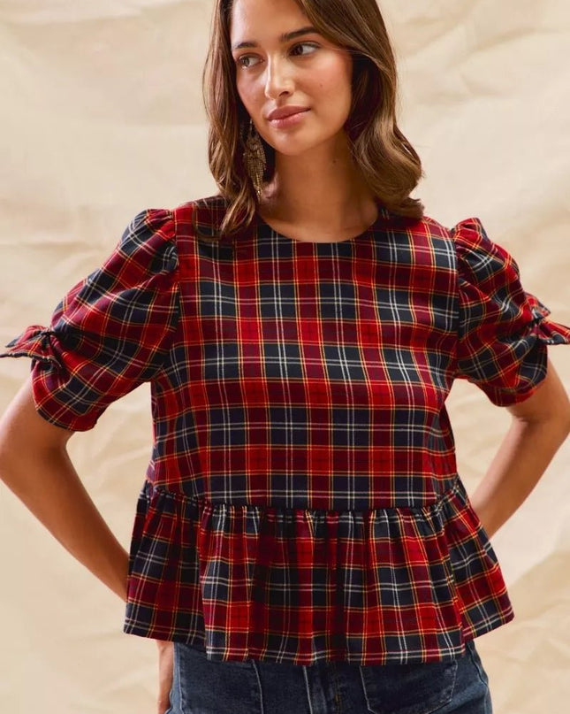 SO ME Christmas Holiday Plaid Ribbon Short Sleeves Top - Sleekdenim.com