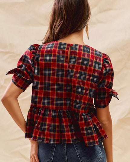 SO ME Christmas Holiday Plaid Ribbon Short Sleeves Top - Sleekdenim.com