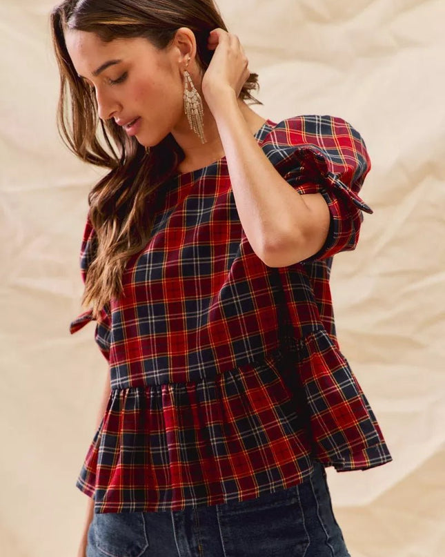 SO ME Christmas Holiday Plaid Ribbon Short Sleeves Top - Sleekdenim.com