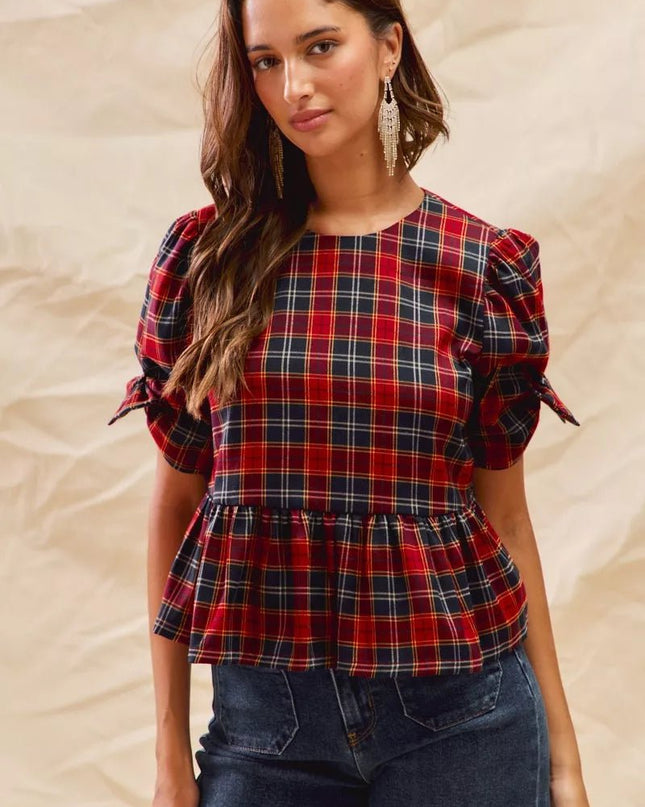 SO ME Christmas Holiday Plaid Ribbon Short Sleeves Top - Sleekdenim.com