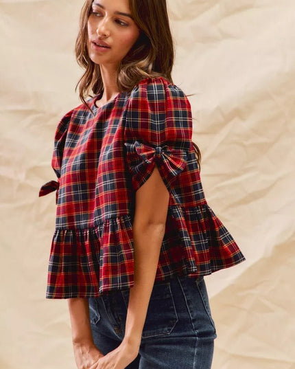SO ME Christmas Holiday Plaid Ribbon Short Sleeves Top - Sleekdenim.com