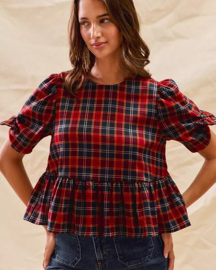 SO ME Christmas Holiday Plaid Ribbon Short Sleeves Top - Sleekdenim.com